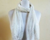 Sequined Shawl/Scarf in WHITE with floral print and long fringe - Spring - accessories