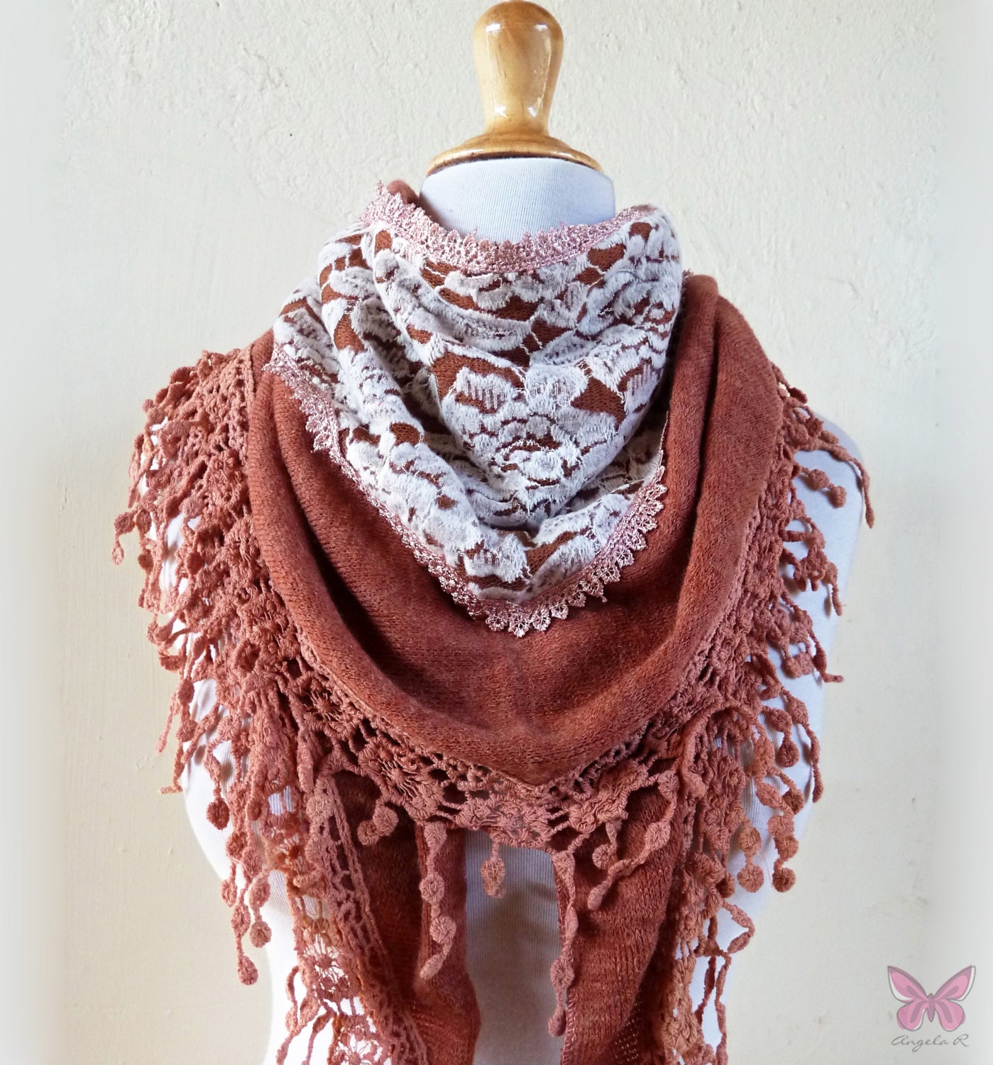 Scarf "Olivia" in TAUPE/BEIGE with rich lace edge - scarflette cowl neckwarmer - womens accessories