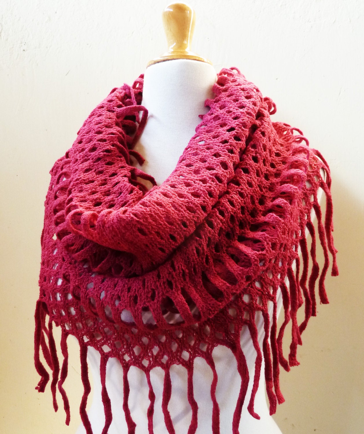 Womens scarf "Collette" in DEEP FUCHSIA with long fringe - shawl neckwarmer - accessories