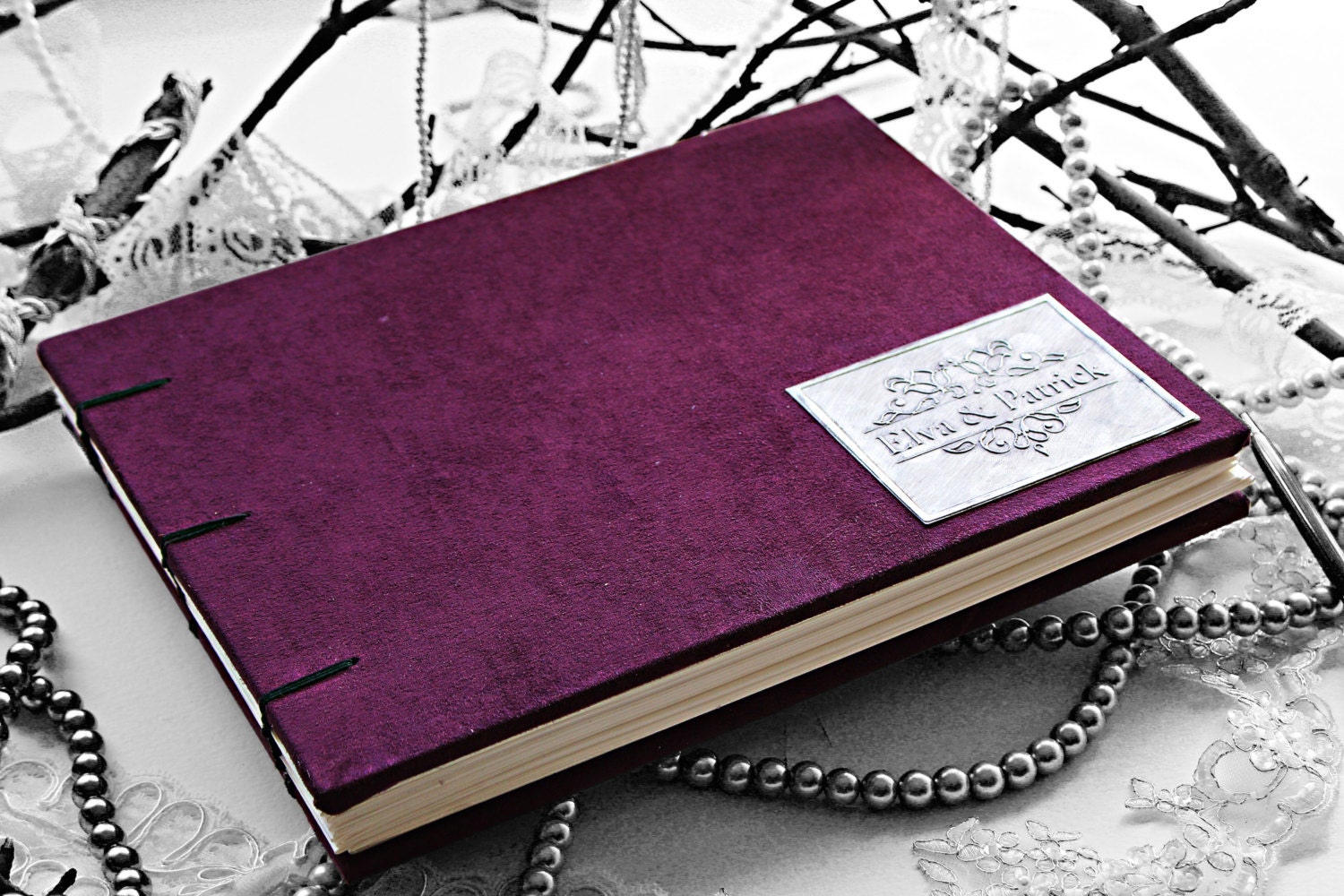 Vintage Deep Purple Wedding Guestbook  - Coptic Binding - Truly Unique personalized with your initials or names