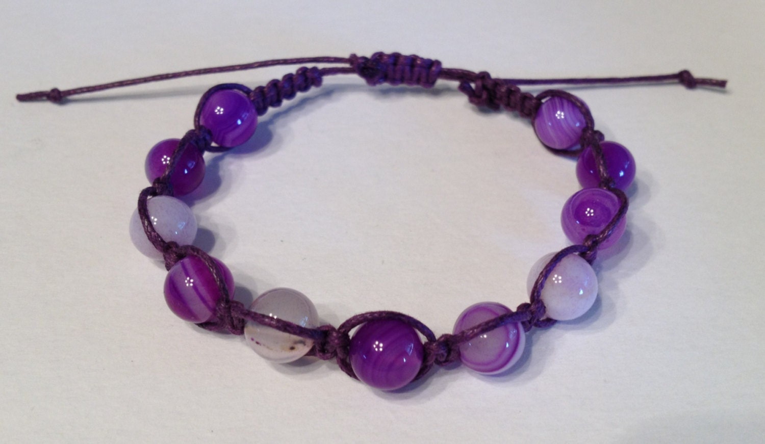 Purple Striated Agate Stone Beads on Purple Waxed Cotton Bracelet