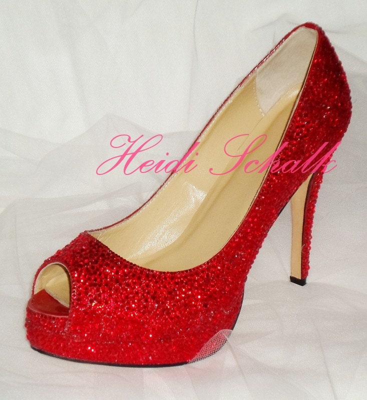 Red Crystal Strassed Peep Toe Women's Heels