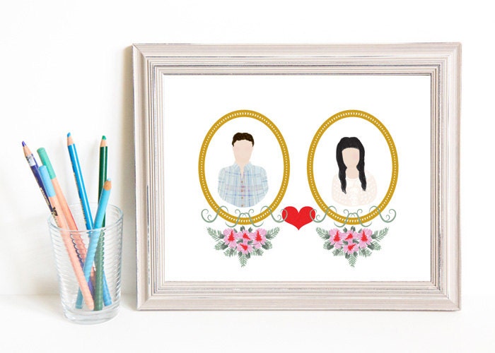 Though Very Humble : Custom Sweethearts Floral Cameo Pair Portrait Illustration