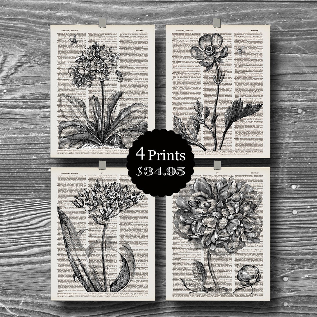 dictionary book page art print flower floral botanical poster set bee home decor