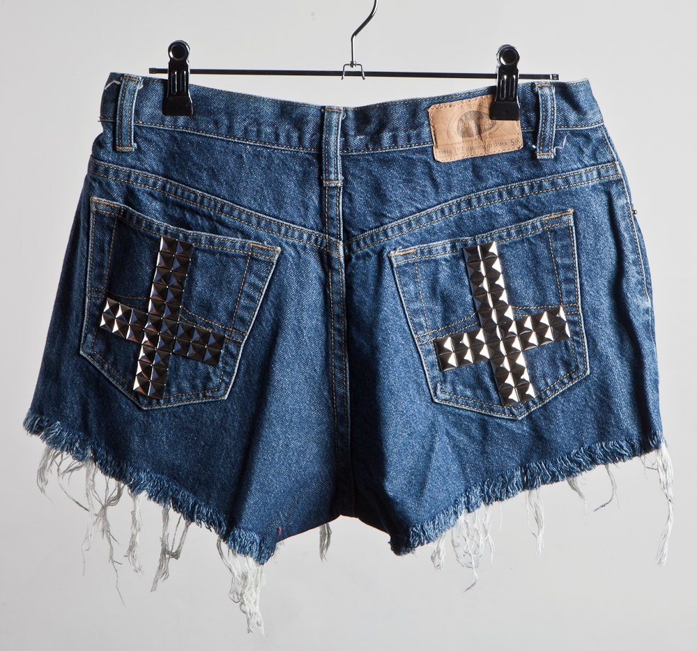 Regular Waisted, Frayed, Studded Crosses on the Back Pockets, Dark Blue, Denim Cutoff Shorts
