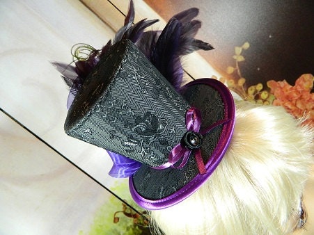 black white purple Gothic Victorian Tophat Minihat Fascinator Minizylinder Steampunk Burlesque Larping Wedding Costume