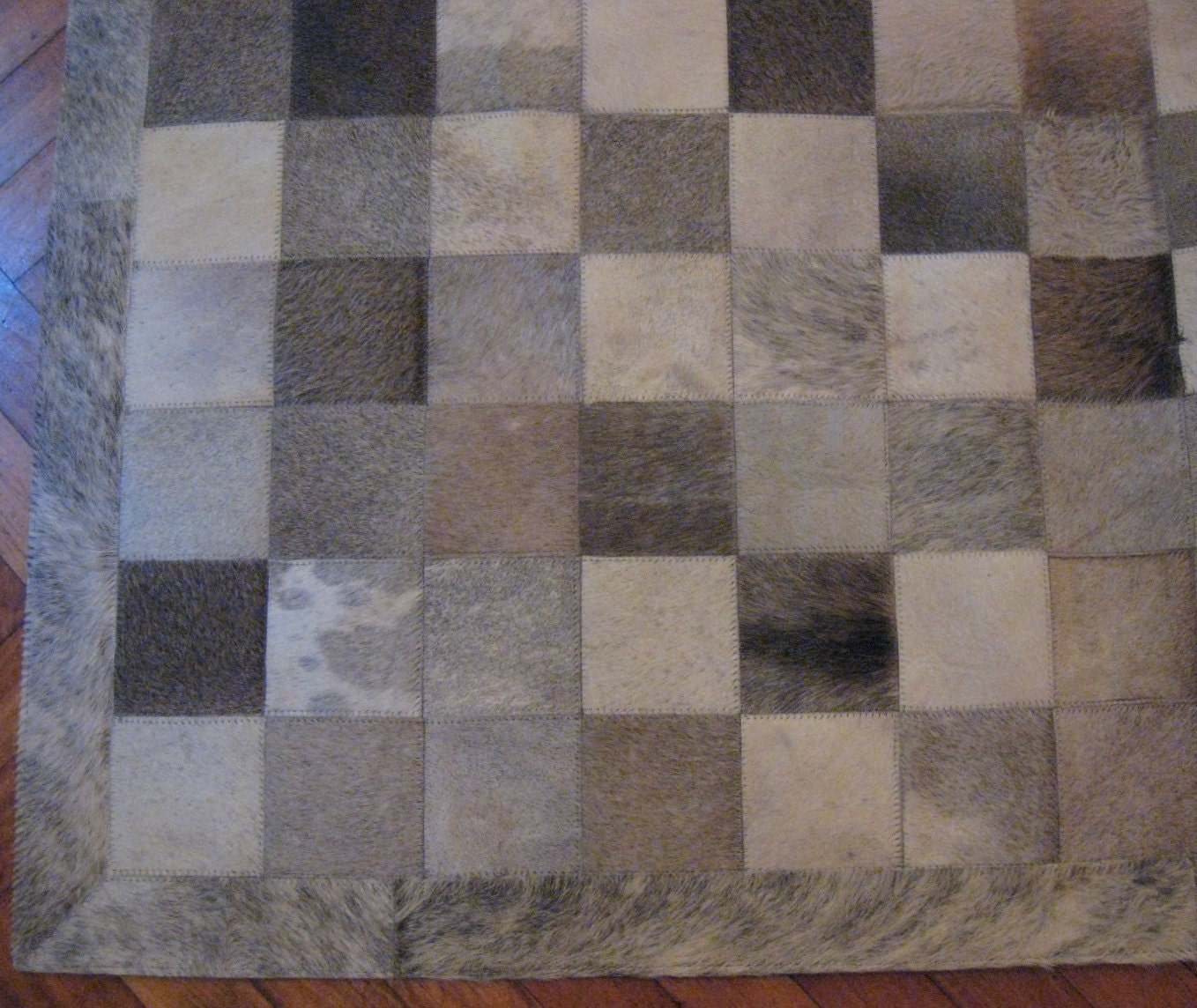 LIFESTYLE by Cara  --  Grey Custom Cowhide Patchwork Rug Cow Hide Leather Hairhide Carpet