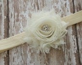 Rosette Headband, Ivory Cream, Shabby Chic Chiffon Frayed Rosette, Elastic Headband, Baby Infant Headband, Girls, Baptism, Christening