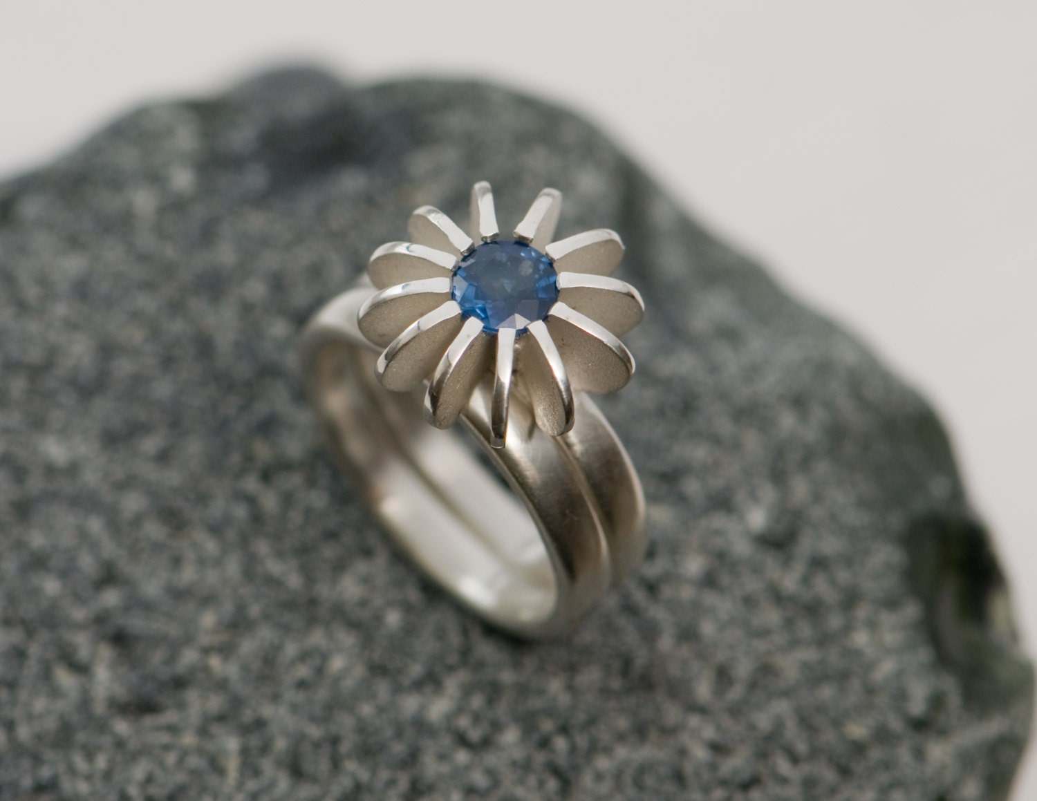 Blue Sapphire Wedding Set - Blue Sapphire Engagement Ring and Matching Wedding Band in Sterling Silver - Size 6.25