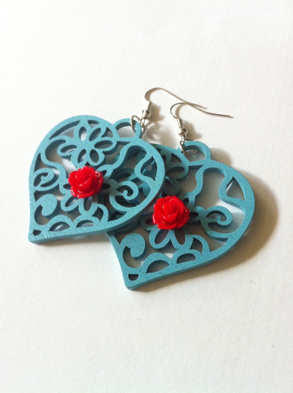 Womens Heart Shaped Dangle Earrings Aqua Blue and Red Rose- Women Accessories- Jewelry for Women -Lolita Inspired