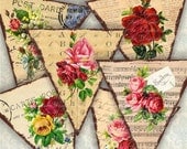 Digital Collage Sheet Victorian Roses  Banner Bunting Garland Pennants Printable Download