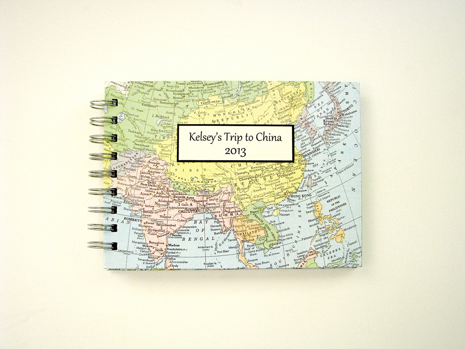 Personalized Travel Journal / Photo Album with Vintage Map, 5"x7"