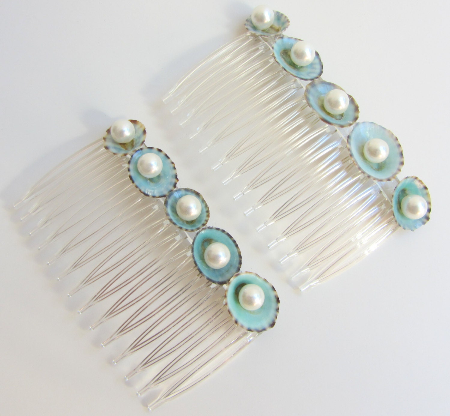 Beach Sea Shell Hair Combs with Pearl Embellishments - Something Blue