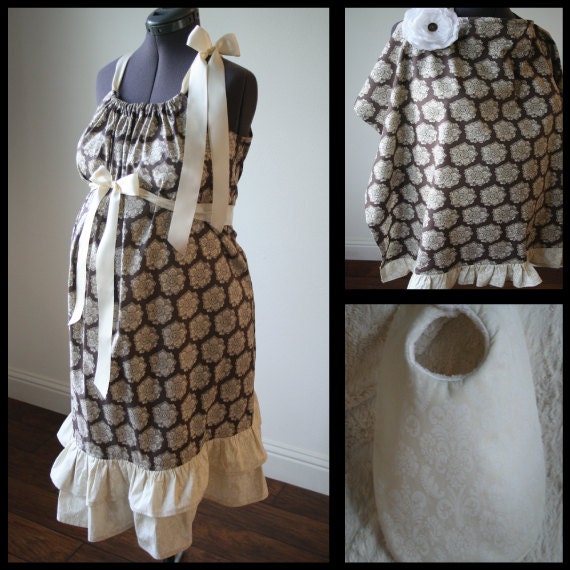 Maternity Hospital Gown Set- Brown, Cream Floral, Double Ruffle, Removable Flower Broach/Nursing Cover/ Plush Baby Bib