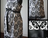 Hospital Maternity Gown SET- Black and White Damask,  Removable Pearl Flower/ Matching Nursing Cover