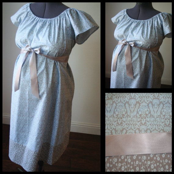Maternity Hospital Labor Gown- Blue and Gray Damask, Matching Band