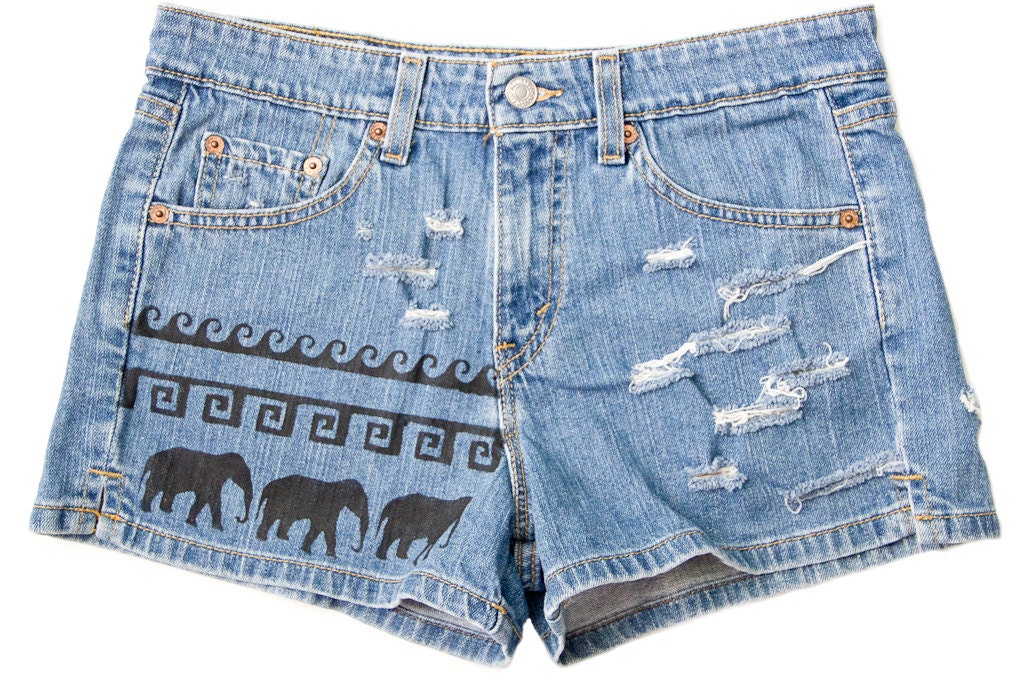 Tribal Aztec Elephant Waves Shorts Hand Painted Vintage Distressed High Waisted Denim Boho Coachella Hipster Medium Large W30