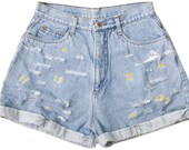Embroidered Daisy Flower 70s Shorts Vintage Distressed High Waisted Denim Boho Coachella Hipster Small Medium W28