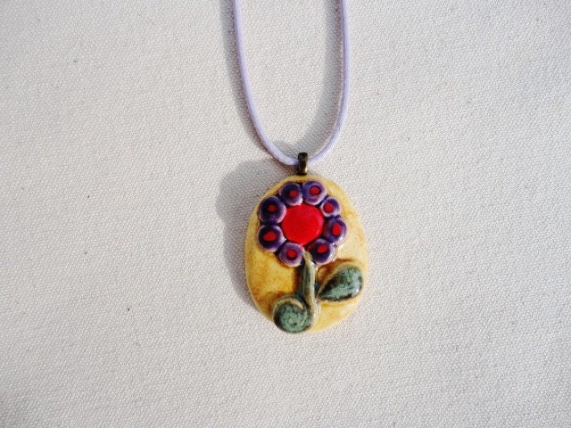 3D Artisan Handmade Hand Crafted Ceramic Colorful Flower Necklace, Pendant on Lavender Cotton Cord with Magnetic Closure