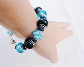 FREE SHIPPING Handmade Bracelet on memory wire - shades of blue, faceted glass and porcelain beads