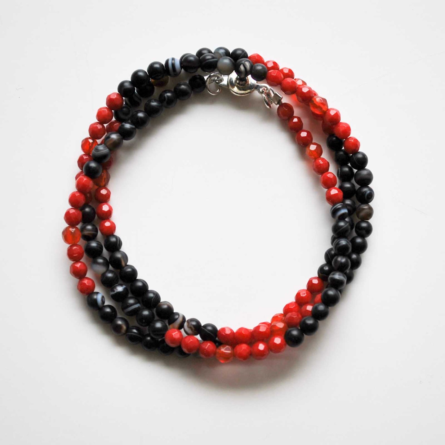 Red & Black Men's Bracelet - Coral - Carnelian - Black Agate - Wrap Bracelet