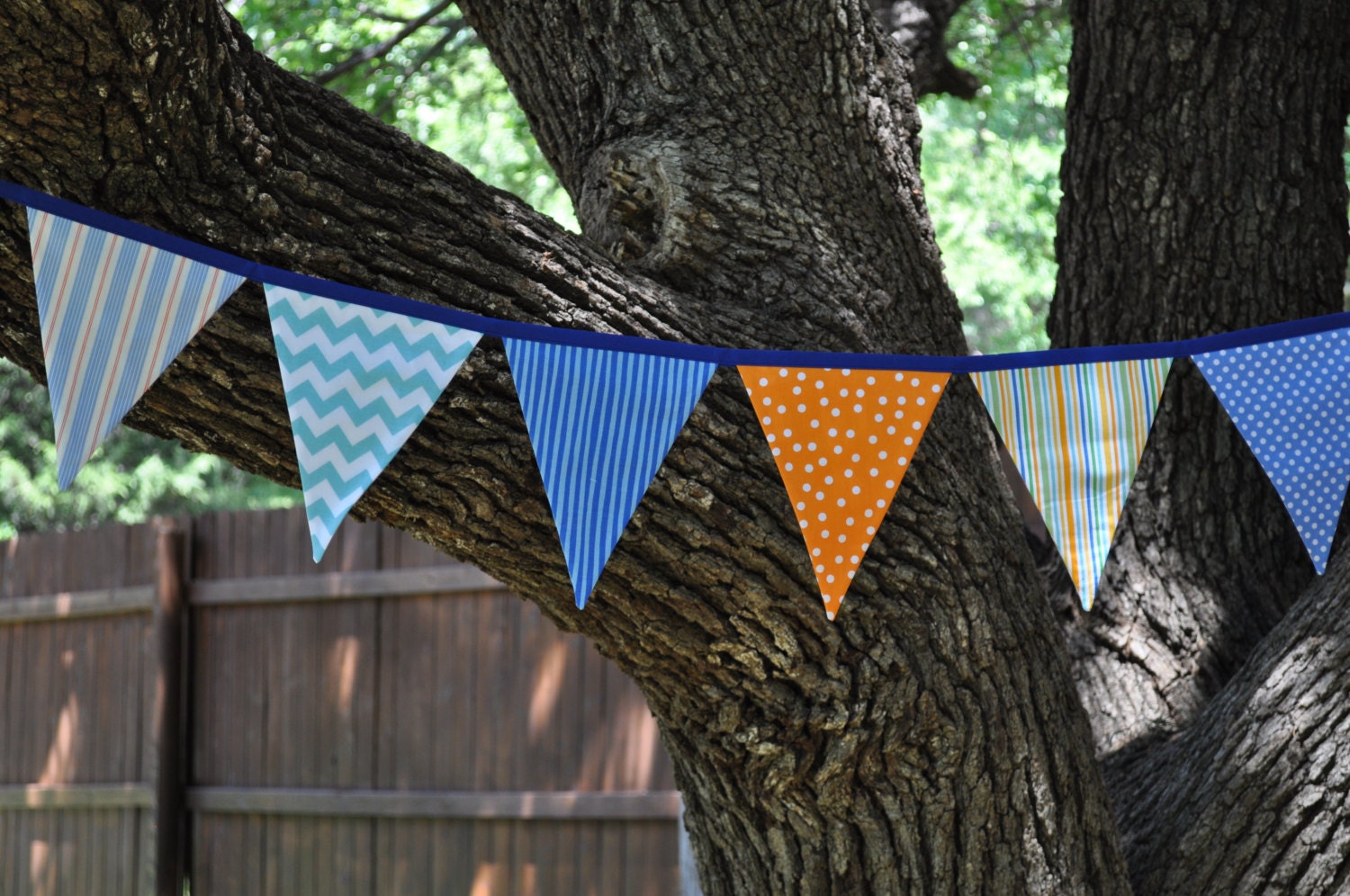 Boy's blue, aqua & orange fabric pennant banner bunting, Goldfish birthday party, boys room/playroom decor, photo prop