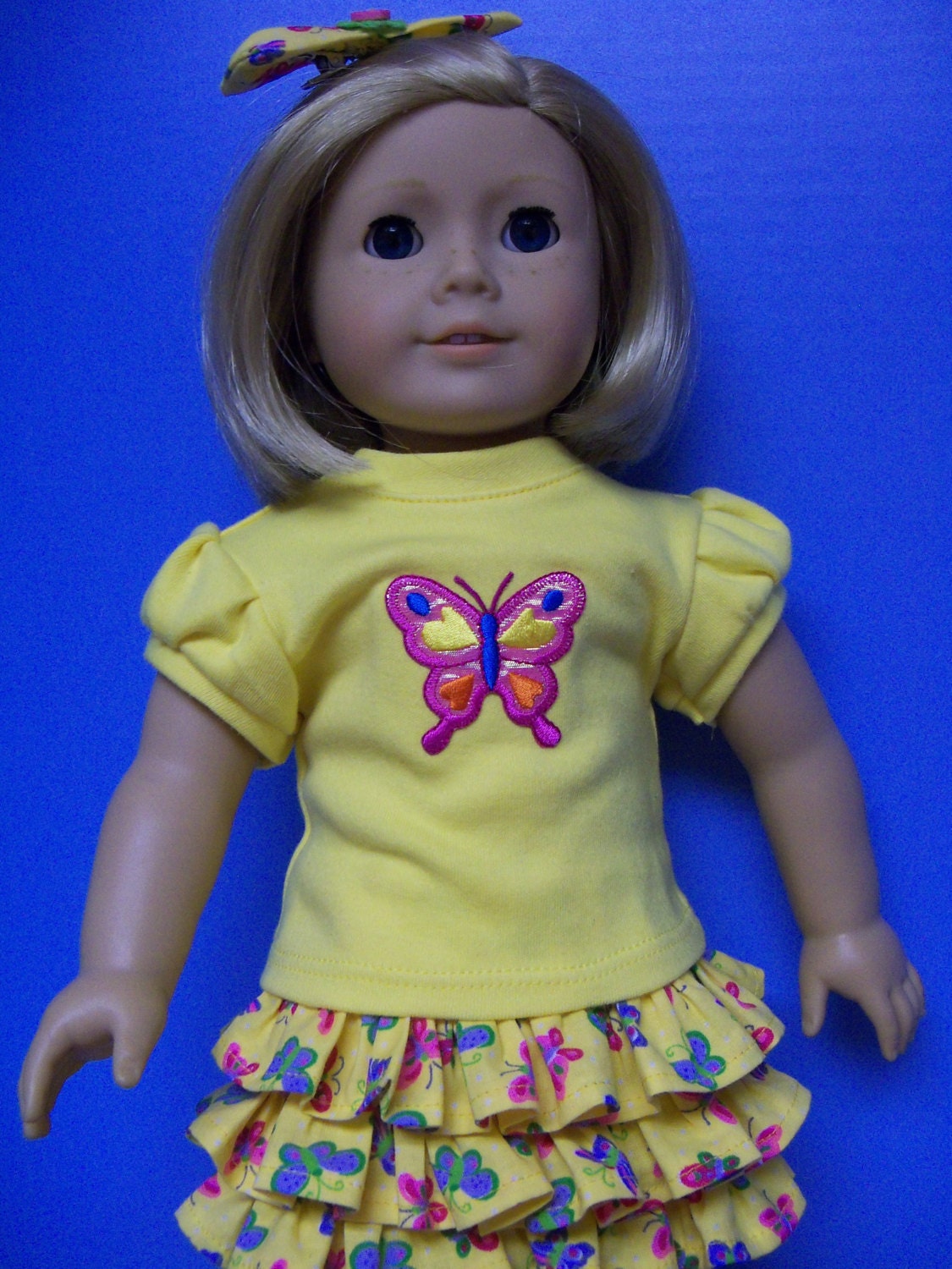 American Girl Doll Clothes:  Butterfly Tee, Ruffled Skirt, Ballet Flats, Hairbow