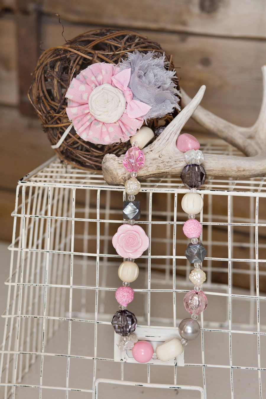 Chunky Necklace w/matching headband in Pink, Grey, and Ivory