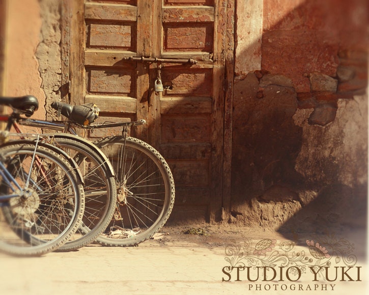 Bicycle Travel Photo, Old Door, Rustic, Moroccan Wall Art, Natural, Old Building, Bikes,Fine Art Photography - Dust
