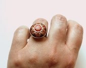 Red black gold white flower round glass vintage-inspired ring with adjustable band.  Statement ring.  Cocktail ring.