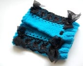 Blue fingerless gloves mitens lace gothic black arm warmers crystal