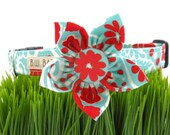 Dog collar flower...Aqua,red and white paisley/floral print...Any size......