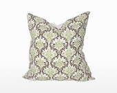 18" x 18" Decorative Throw Pillow / Accent Cushion Cover (Indoor) (Green and Brown Damask Print)