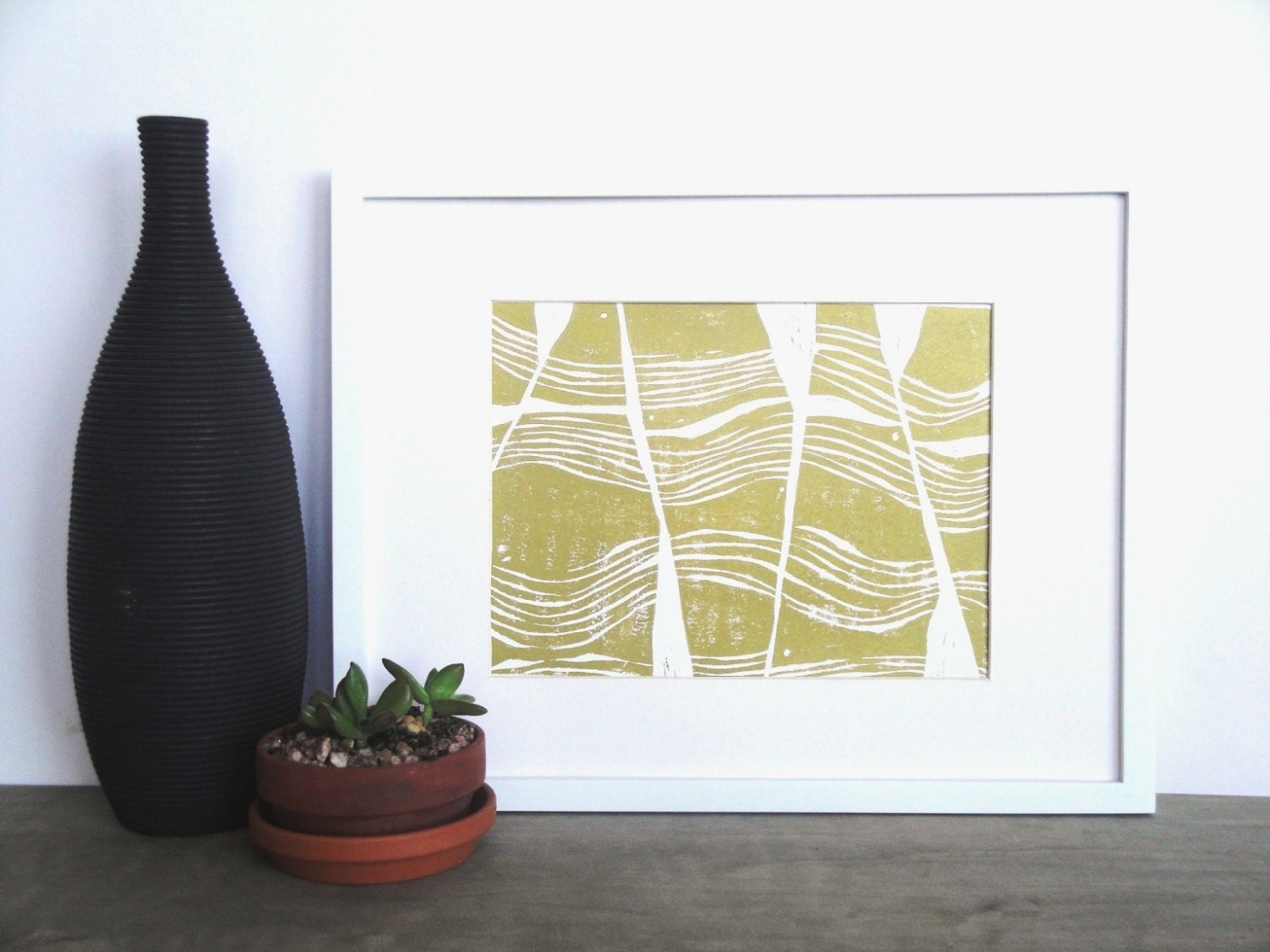 Modern Geometric Shapes Abstract Waves Linocut Art Print / 9 x 12 Home Decor / Gold, Silver