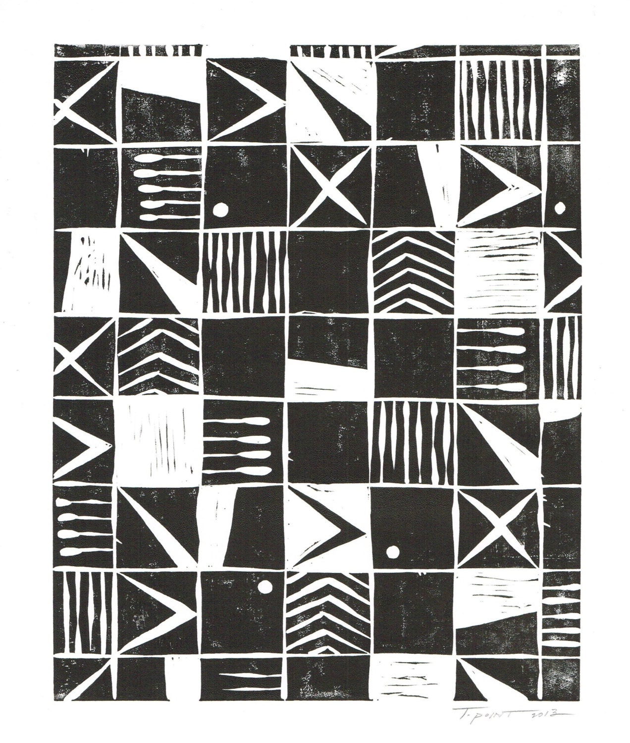 Tribal Abstract Squares Linocut Art Print / 8 x 10 Home Decor / Black and White