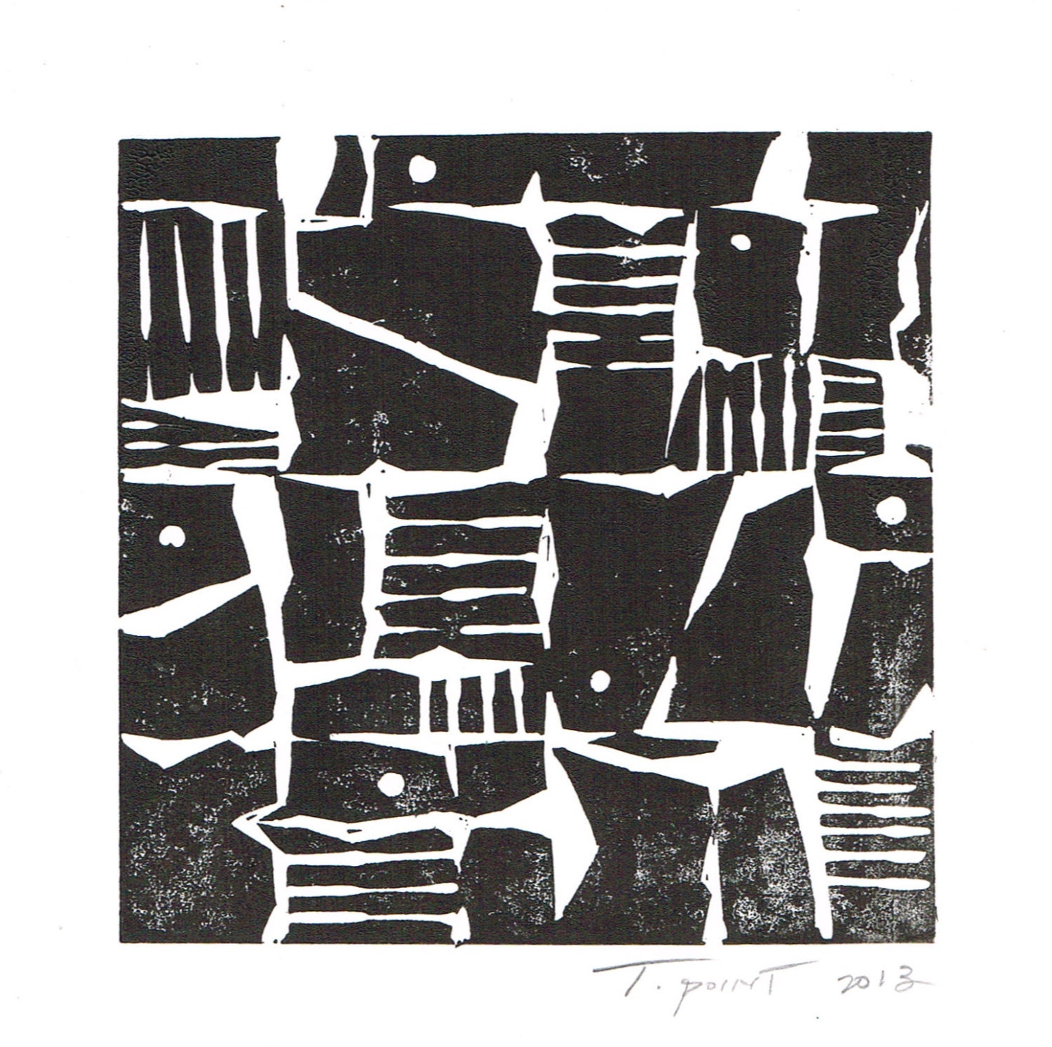 Abstract Geometric Tribal Pattern Linocut Art Print / 4 x 4 Square Home Decor / Black and White / Gift