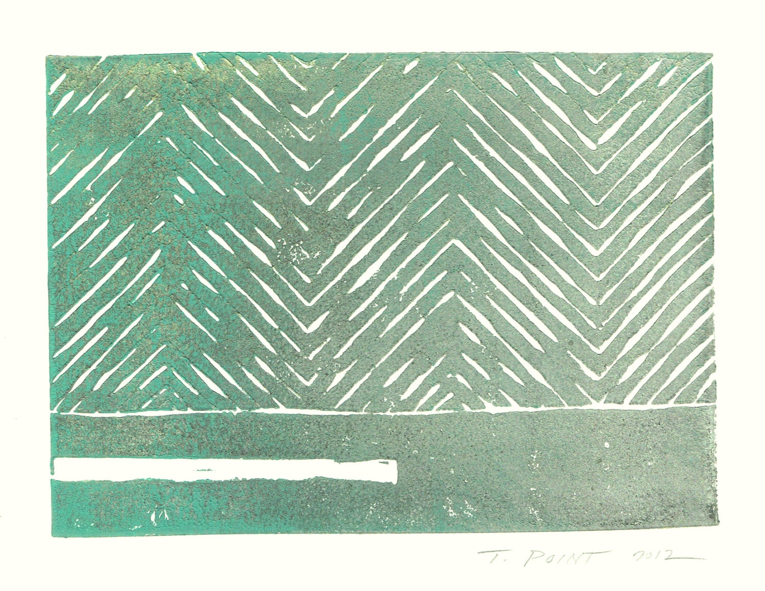 SALE Modern Lines Abstract Chevron Pattern Art Block Print 5 x 7 Home Decor / Sea Green, Silver, Dark Grey, Gold / Hand Pulled