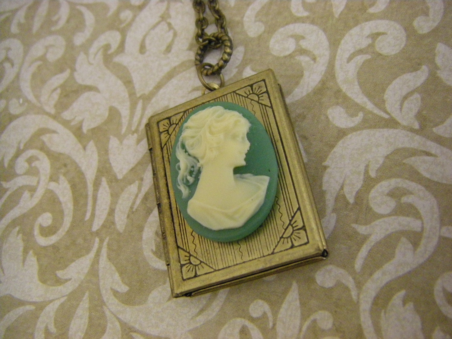 Large Cameo Book Locket Necklace green ivory cameo jane austen inspired book lover gift
