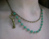 Double Strand Jade and Antique Key Necklace handmade chain edwardian victorian