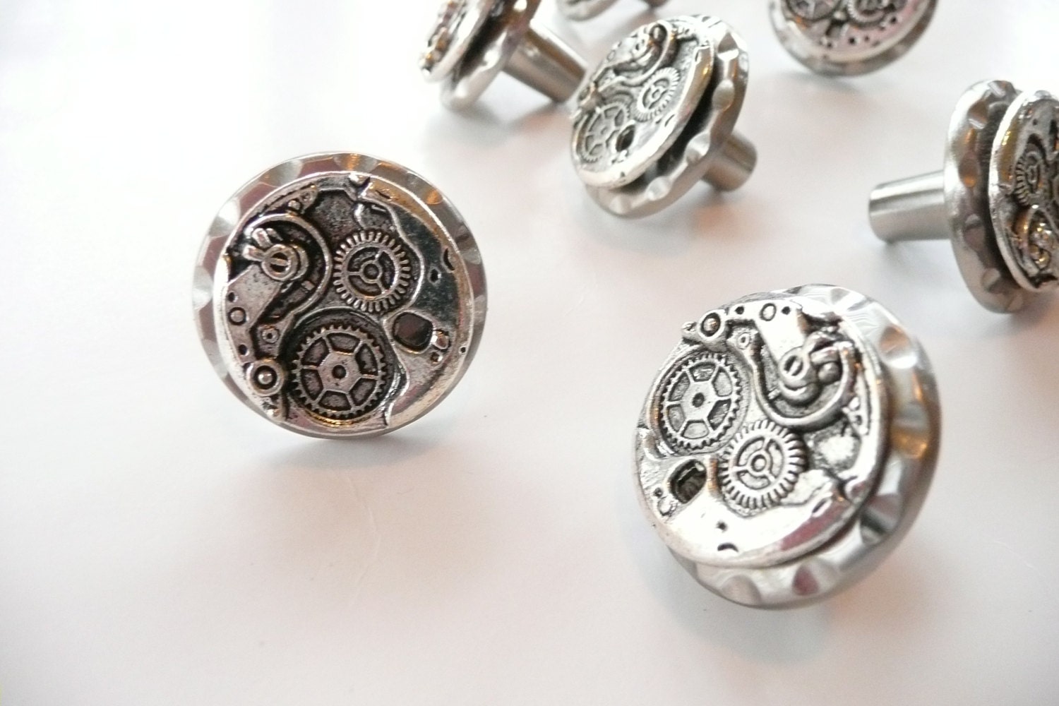 Steampunk Watch Movement Cabinet Knobs - All Silver - Set of Two