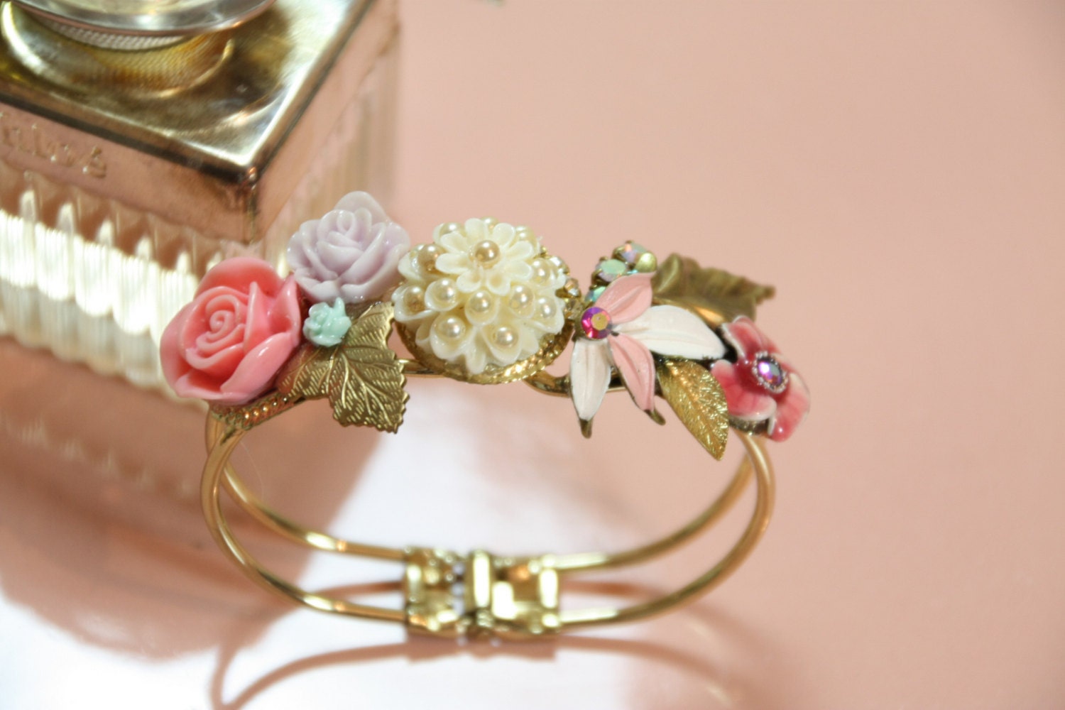 Wedding Jewelry Bracelet,Handmade Shabby Chic Floral Bouquet Cuff,Bridal Bracelet,Vintage Style,Colorful Wedding Cuff,Gold Bracelet,OOAK