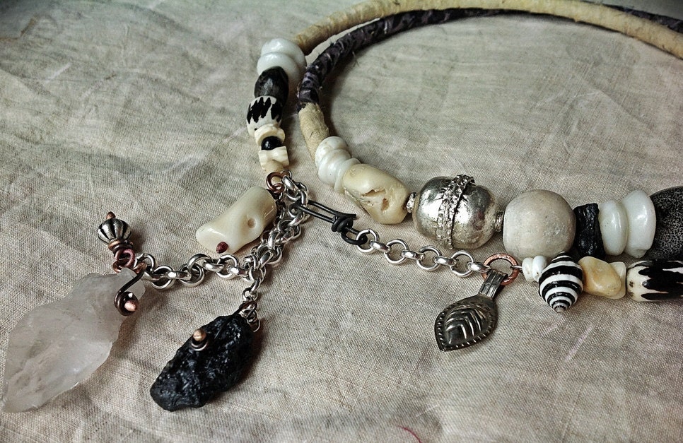 The Balance - tribal gypsy wrap necklace with kuchi, quartz crysal, coral and stone