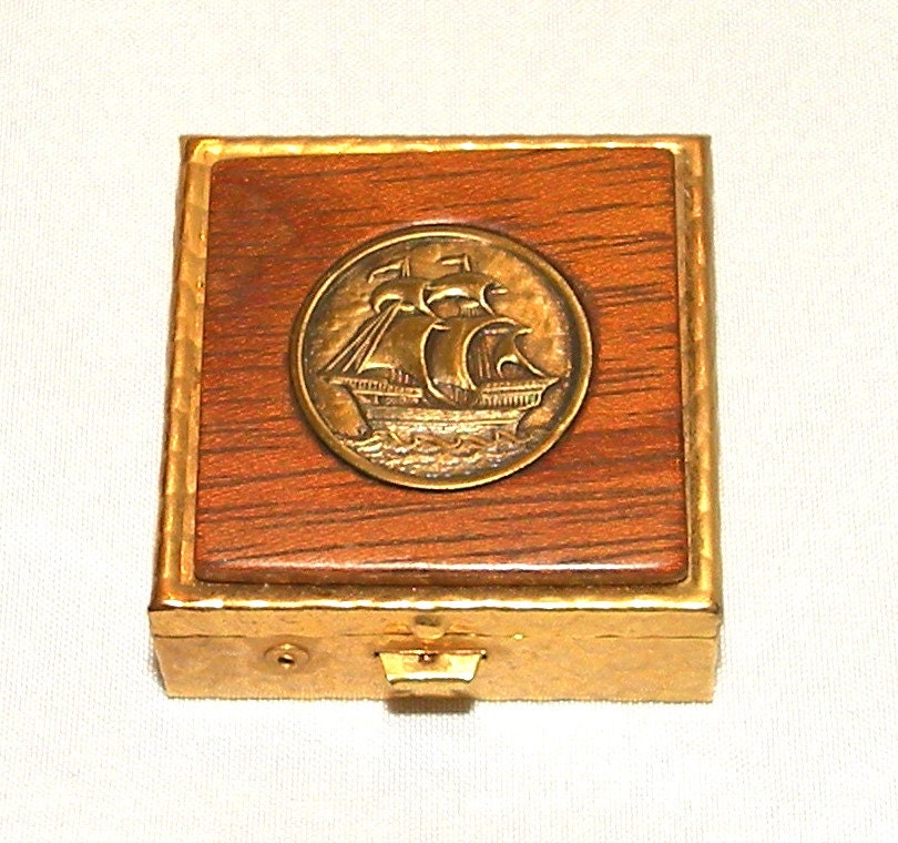 Vintage Pill Box Wood Ship Nautical Coin