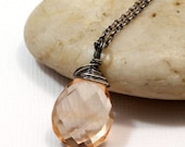 Apricot Quartz Necklace, Sterling Silver Golden Peach Quartz Pendant, Wire Wrapped Gemstone Jewelry