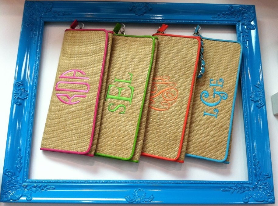 Island Personalized Monogrammed Clutch with Detachable Wristlet-Hot Pink, Lime, Aqua, and Coral