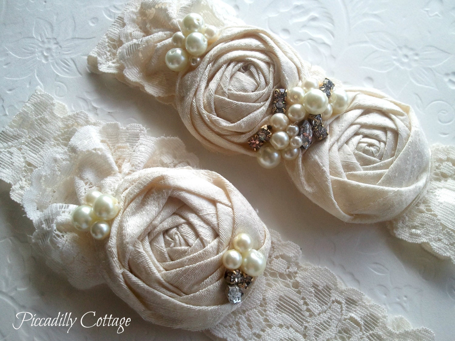 Bridal Garter Set Ivory Flower Lace Garter Toss garter included Vintage Rhinestone and Pearls Wedding Garter Set