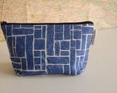 Own fabric design - handmade blue and white cotton linen zip purse - make up bag - pencil case