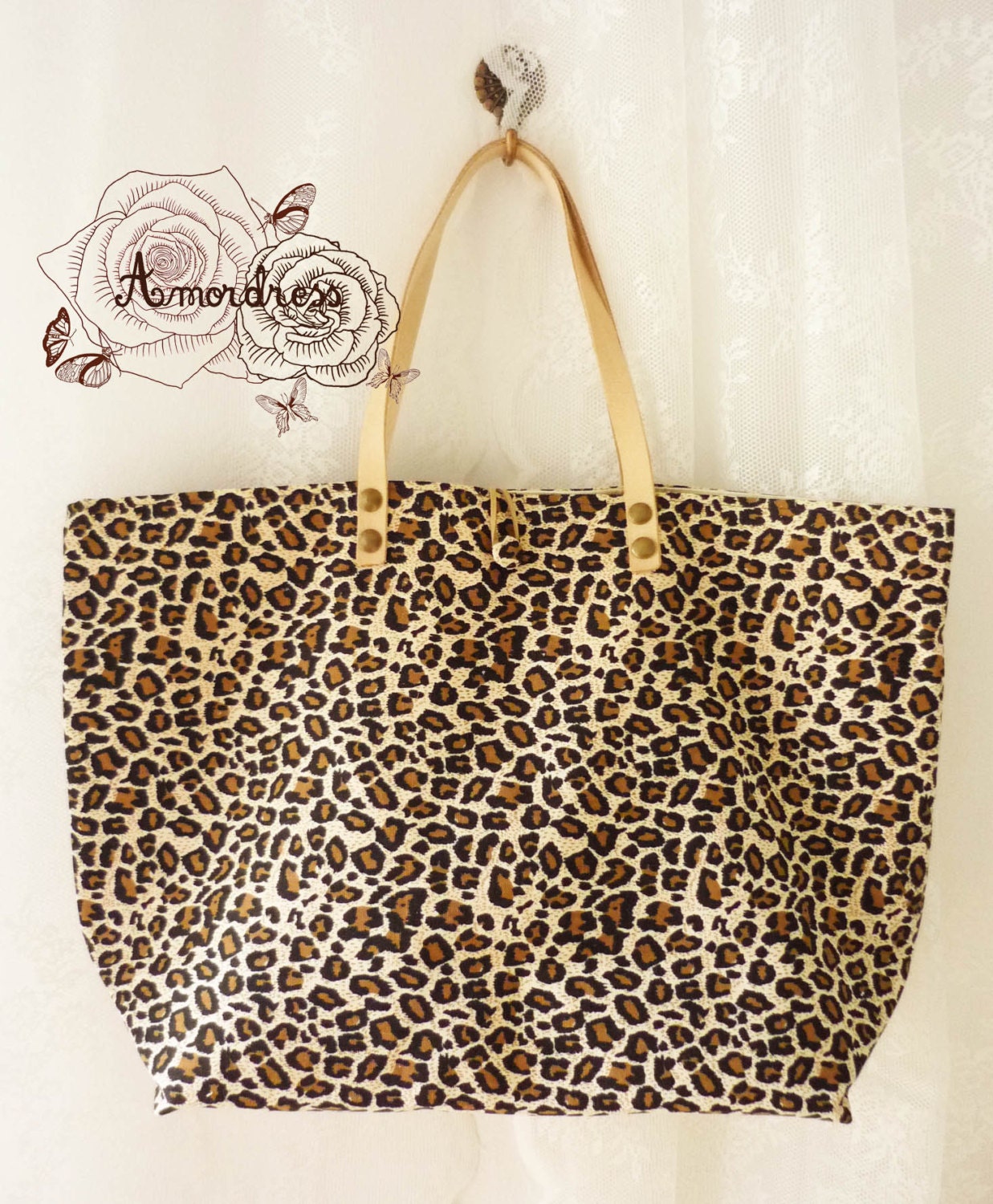 Leopard Tote Bag Printed Canvas Bag Genuine Leather Strap Retro Bag ...Amor The Inspired Collection...
