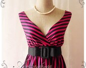 Summer Dress Tea Dress Black Fushia Stripe Dress High Waisted Vintage Inspired Dress Party Cocktail Garden Dress Nautical Navy Dresses -S-M-