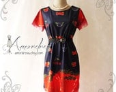 SALE TODAY Wonder Orchard - Navy with Strawberry Mix Berry Cherry Sleeve Dress Wedding Party Working Every Day Dress -Size M-